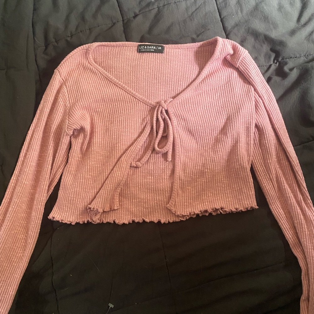 Pink Ribbed Tie-Front Top
